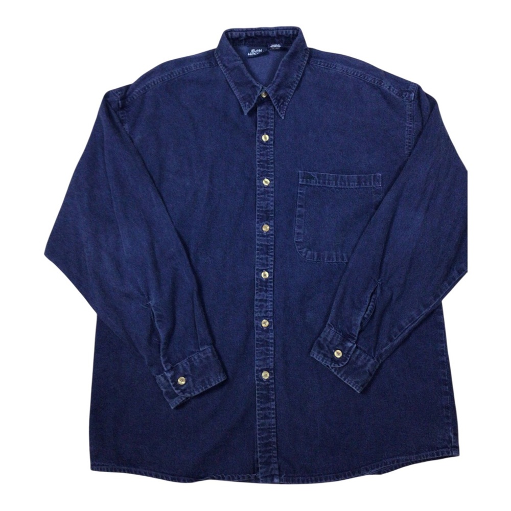 Vintage Bon Homme Classic Denim Navy Button-Up Shirt Large 100% Cotton